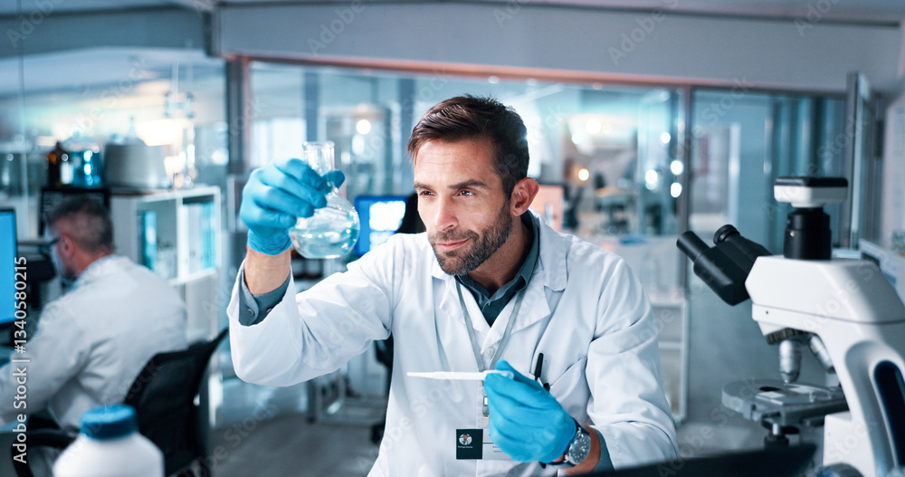 Liquid, man and scientist with beaker in laboratory for pharmaceutical experiment, research or innovation. Chemical, glass and male medicinal chemist with formula for reaction observation with cure. Liquid, man and scientist with beaker in laboratory for pharmaceutical experiment, research or innovation. Chemical, glass and male medicinal chemist with formula for reaction observation with cure.