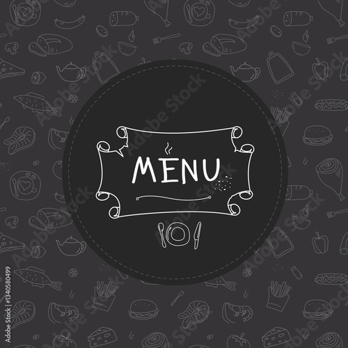 Title menu page template for restaurant or cafe. Hand drawn food sketch icons. Doodle chalk design on blackboard.