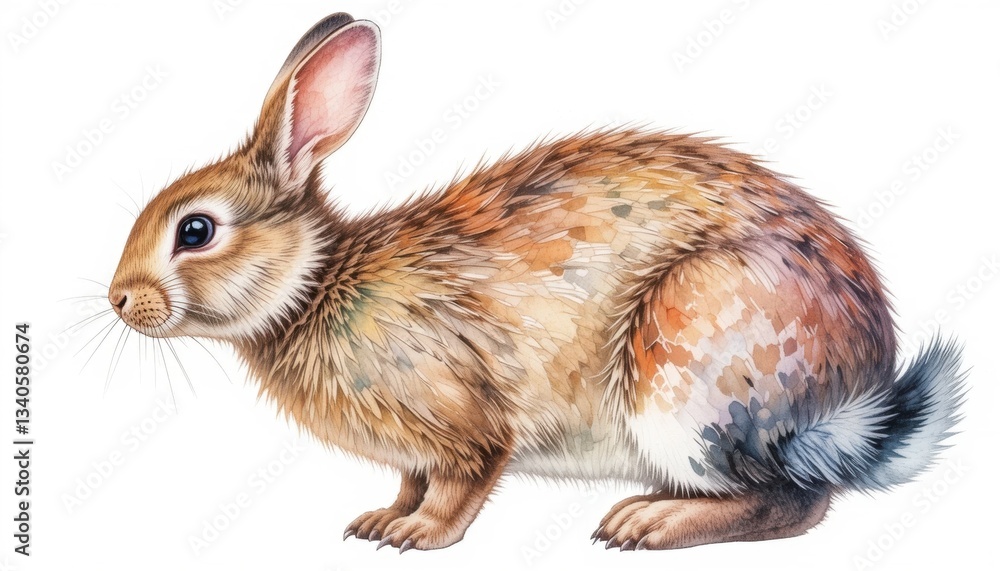 Fototapeta premium A cute rabbit is sitting in the green grass among the bright flowers. The drawing is made in watercolor, creating an atmosphere of tenderness and harmony with nature.