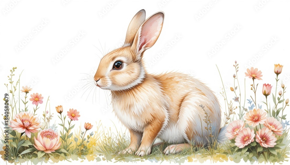Obraz premium A cute rabbit is sitting in the green grass among the bright flowers. The drawing is made in watercolor, creating an atmosphere of tenderness and harmony with nature.