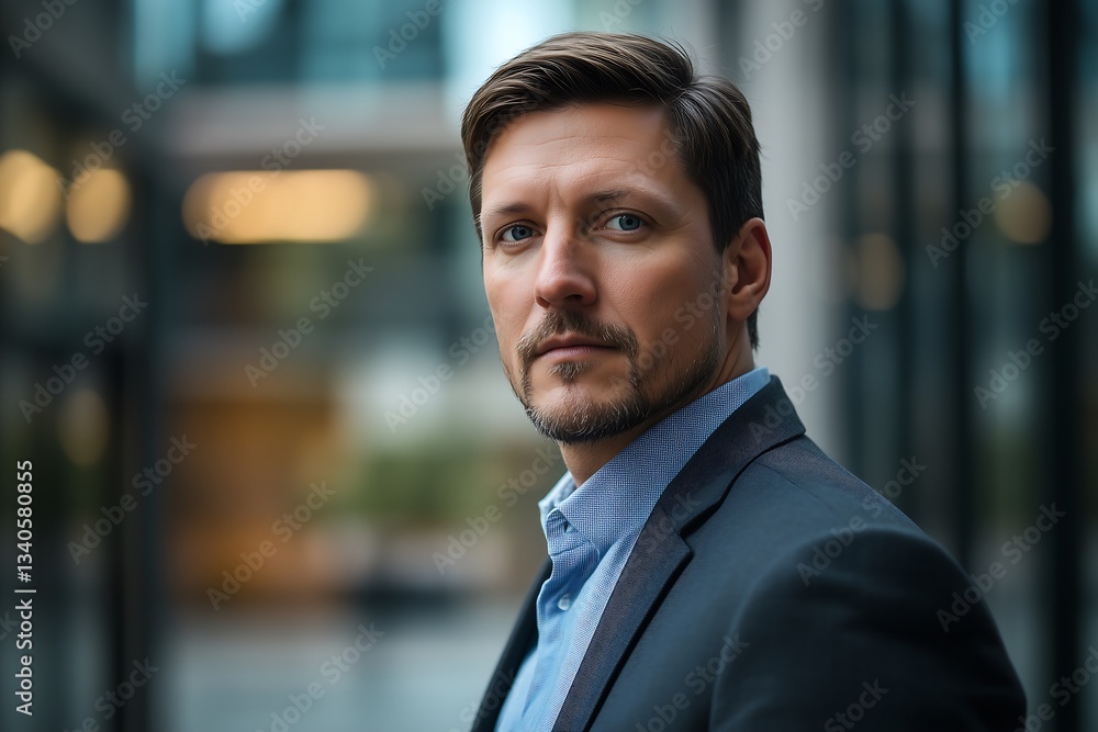 Fototapeta premium Confident Businessman Standing Outside Modern Office Building