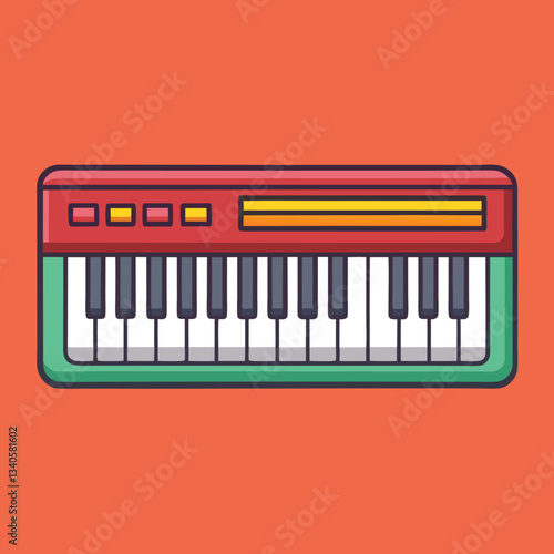 A vector illustration of a colorful retro music keyboard with red, green, and yellow keys, set against a coral background, ideal for music and vintage themes.
