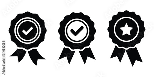 Medal vector icons. Certified and approved medal icons. Badge symbols for certification and approval. Approval icon set.