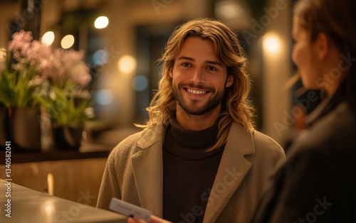 Friendly Receptionist Greets Guest, Warm Evening Atmosphere, Smiling Face, Modern Hotel Lobby Setting, Pleasant Interaction photo