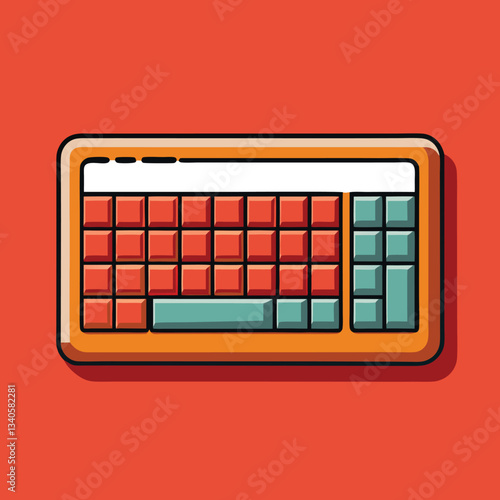 Colorful retro computer keyboard vector illustration on red background, A vector illustration of a retro-style computer keyboard with red and turquoise keys, set against a red background, perfect for 