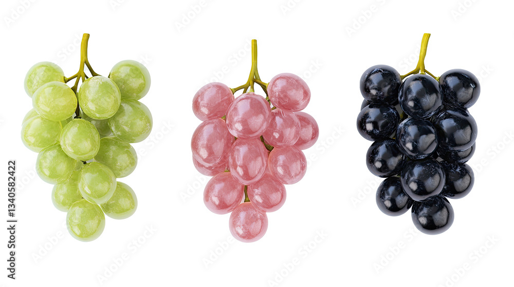 Fototapeta premium Realistic Vector Illustration of Colorful Grape Clusters with Leaves on white background 