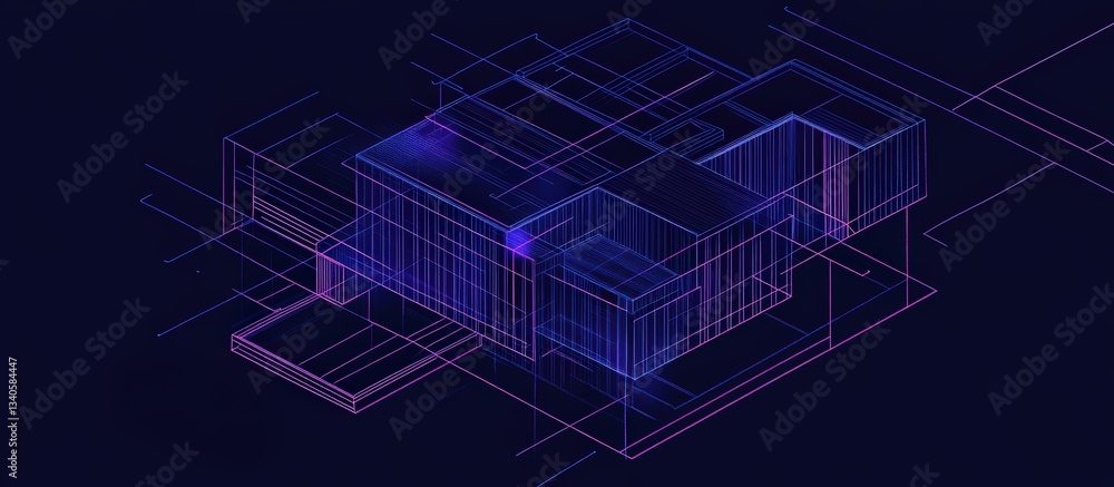 Abstract 3D isometric wireframe building. Neon glowing lines. Futuristic city design concept. Abstract 3D isometric wireframe building. Neon glowing lines. Futuristic city design concept.