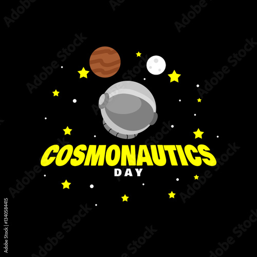 Cosmonautics Day to celebrate on April 12th. Illustration of an astronaut helmet decorated with planet Mars, moon and stars in black background.