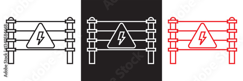 Warning icon depicting electric fence with danger symbol. Vector illustration. isolated on white and black background. EPS 10