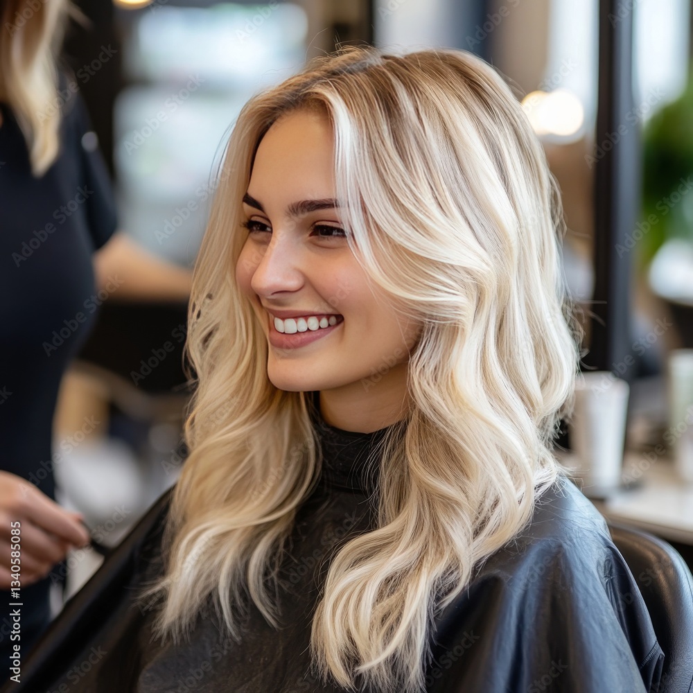 Blonde woman chats about hair in salon. Blonde woman chats about hair in salon.