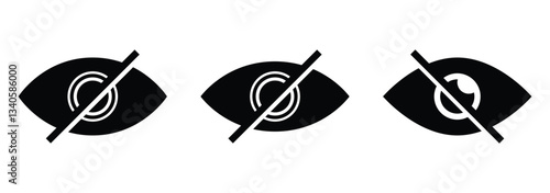 No eye view hidden icon set, incognito mode icon, and invisible eye symbol. Vision, sight, and unsee icons for security and privacy.