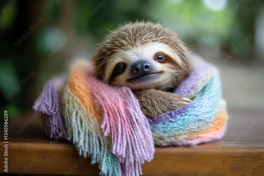 Obraz premium A baby sloth wrapped in a soft pastel-colored scarf, clutching a plush toy while resting on a wooden table