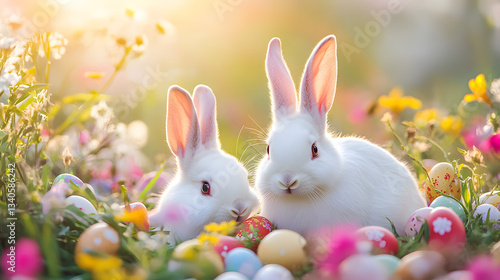 Wallpaper Mural A pair of white rabbits nestled among vibrant spring flowers, with Easter eggs scattered around them, and the soft glow of the morning sun.A pair of white rabbits nestled among vibrant spring flowers, Torontodigital.ca