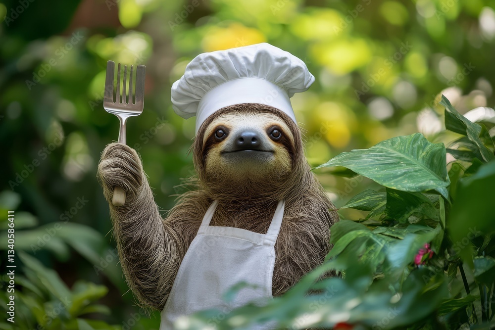 Obraz premium Sloth in a hat holding a small spatula, pretending to cook in a jungle-inspired kitchen