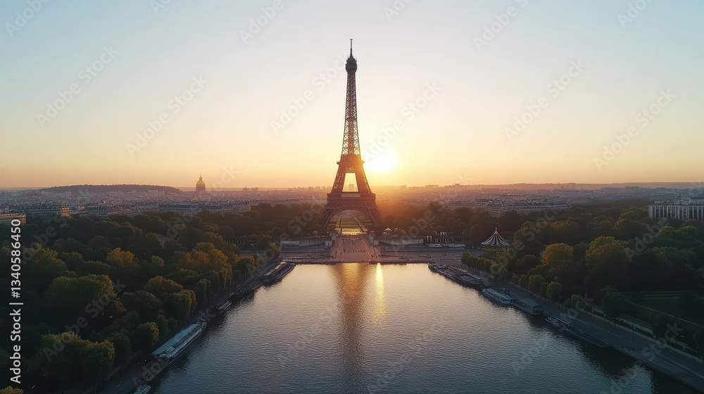 Obraz premium breathtaking aerial view of Eiffel Tower at sunset, showcasing beauty of Paris