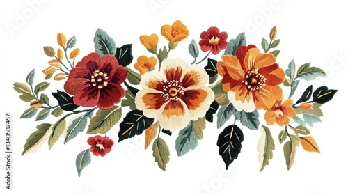 Decorative floral bouquet, rich in autumnal hues.  A detailed, ornate arrangement of blossoms and leaves, perfect for textile design, stationery, or wallpaper