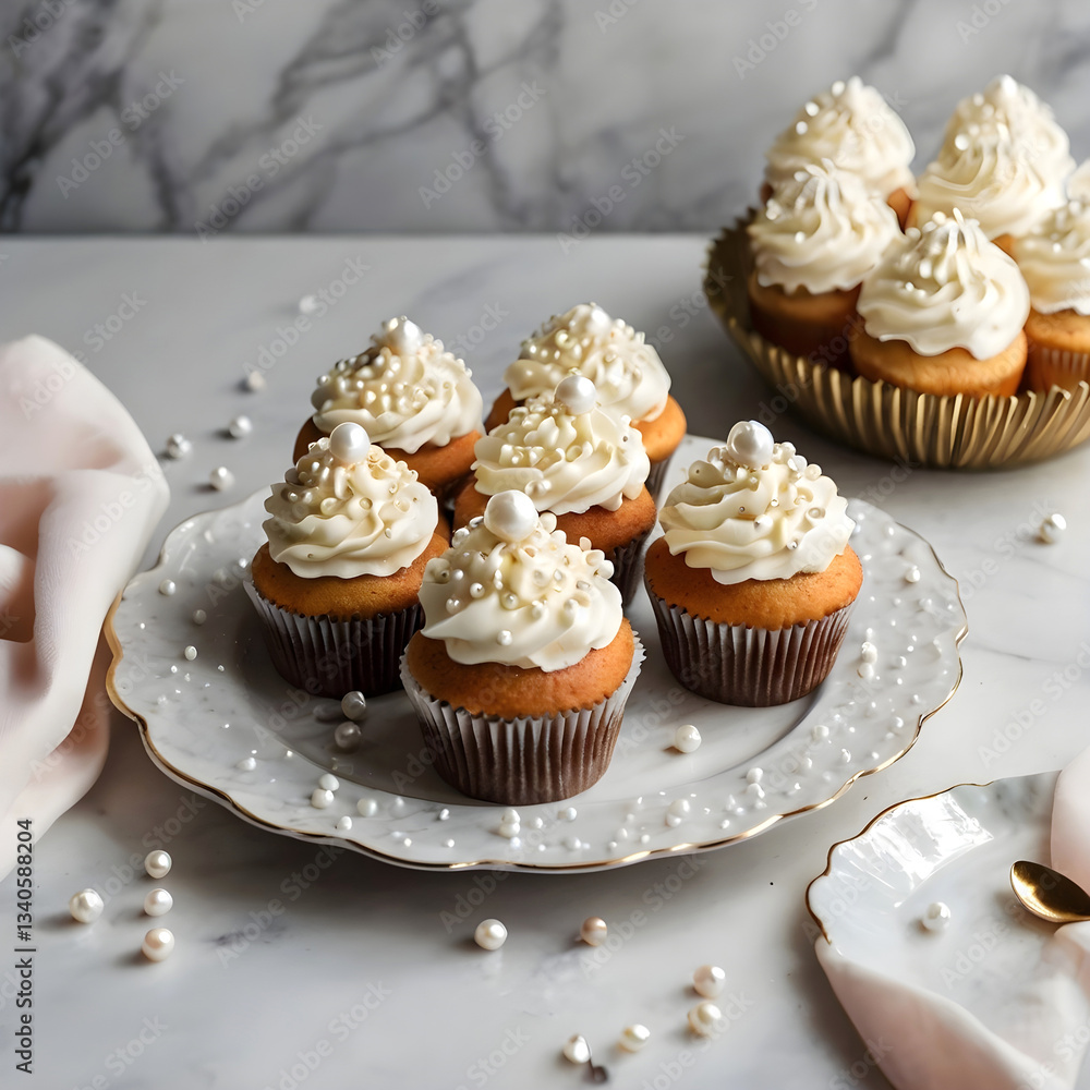 A Simple Yet Elegant Delight Pearl-Adorned Cupcakes with Creamy Frosting on a Marble Table with Scattered Pearls A Simple Yet Elegant Delight Pearl-Adorned Cupcakes with Creamy Frosting on a Marble Table with Scattered Pearls