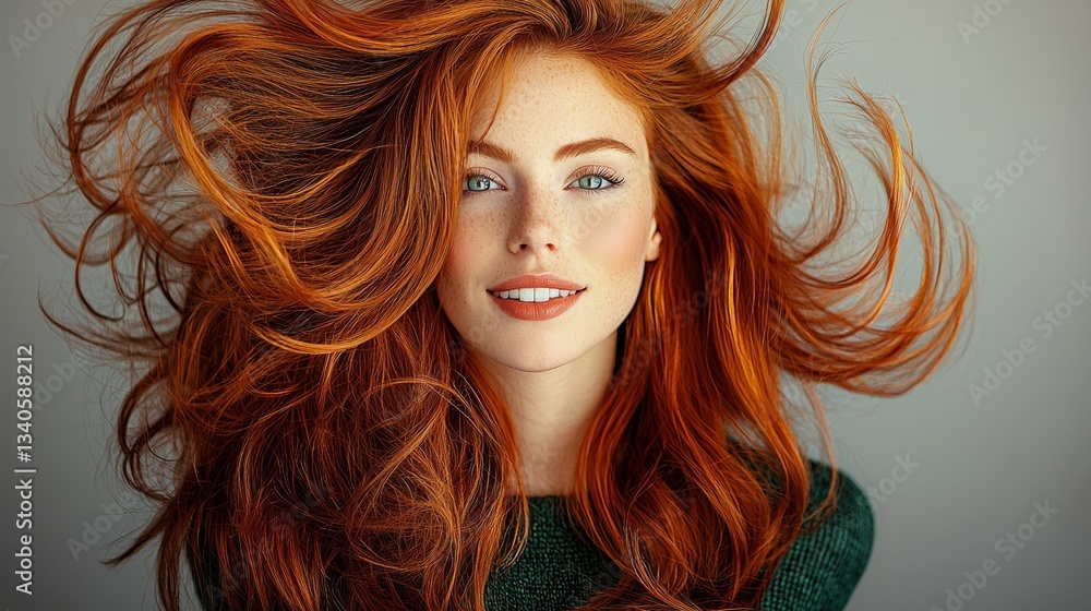 Fototapeta premium Woman with long red hair and a green sweater