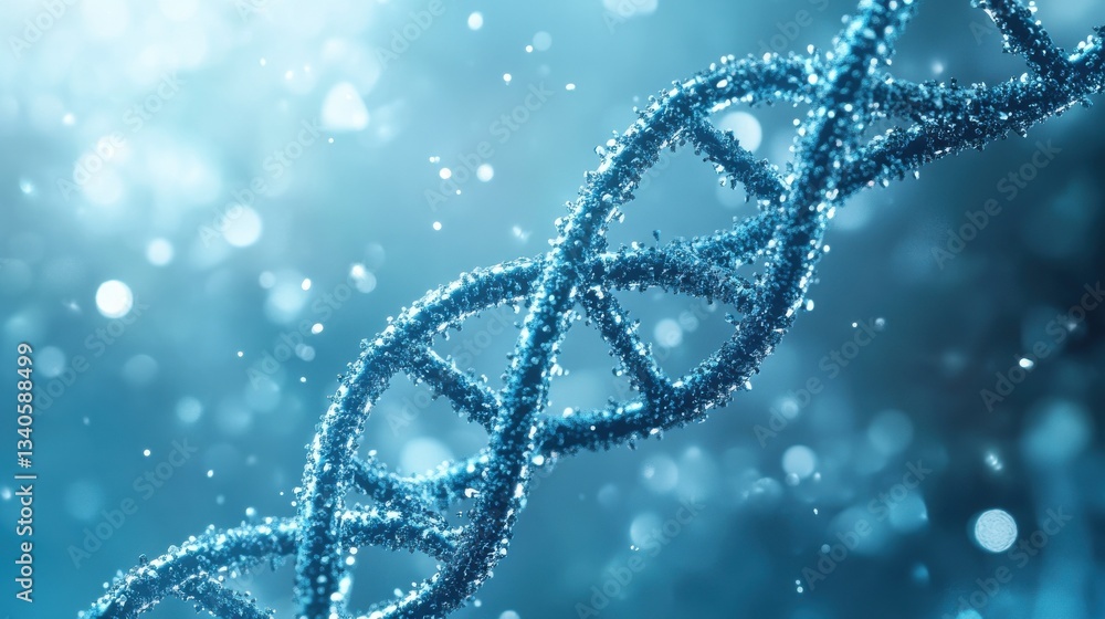 Floating DNA helix of shimmering particles on a soft blue background demonstrating the concept of genetics Floating DNA helix of shimmering particles on a soft blue background demonstrating the concept of genetics