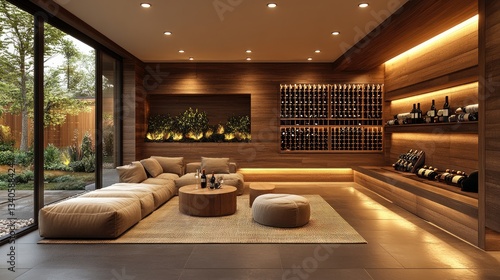 Wallpaper Mural Modern wine cellar interior with cozy seating, ambient lighting, and a beautiful garden view showcasing wooden textures and a tranquil atmosphere Torontodigital.ca