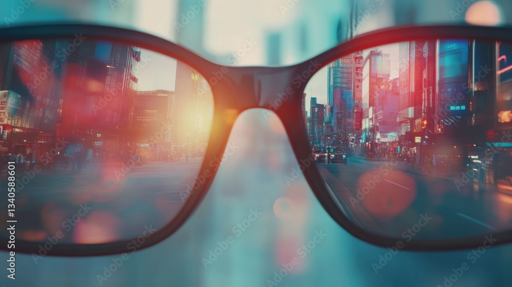 Modern bright city view through eyeglasses. Blurry background. Vision concept Modern bright city view through eyeglasses. Blurry background. Vision concept