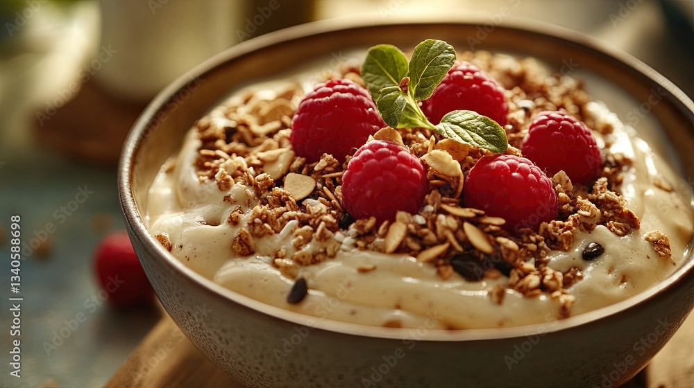 A close-up of a smoothie bowl topped with granola, fresh fruit, and seeds, nutritious breakfast idea A close-up of a smoothie bowl topped with granola, fresh fruit, and seeds, nutritious breakfast idea