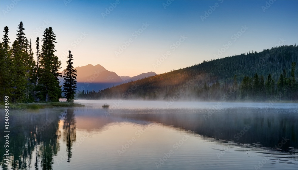 Fototapeta premium a serene lake at dawn with mist rising from the water surrounded by tall pine trees and distant mountains