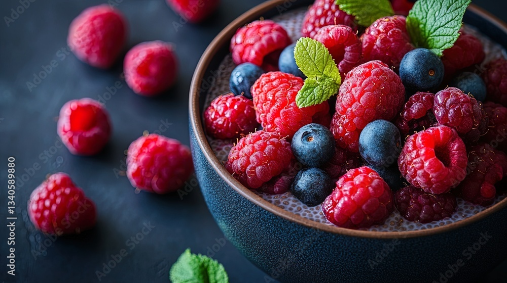 A close-up of a bowl of chia pudding topped with fresh berries, a nutritious and delicious breakfast choice, A close-up of a bowl of chia pudding topped with fresh berries, a nutritious and delicious breakfast choice,