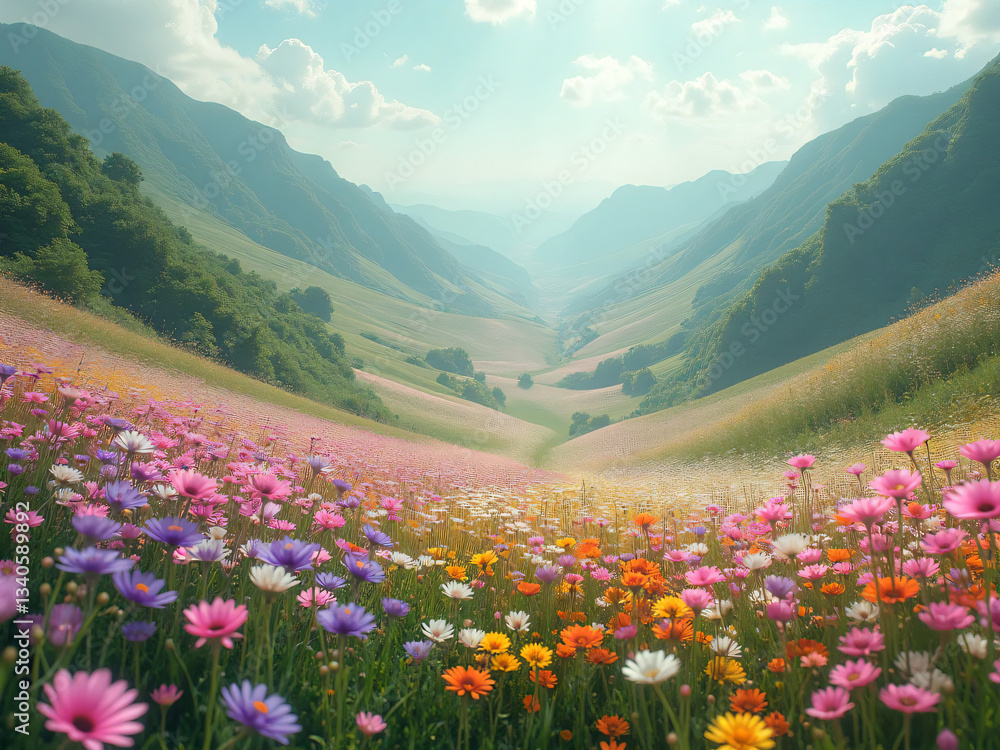 Obraz premium A valley where the flowers change colors with the wind. 
