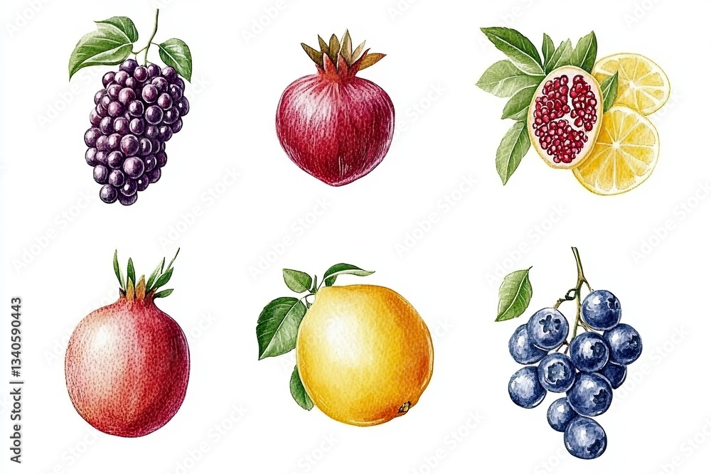 A delicate dance of colors unfolds in this hand-drawn watercolor illustration, where nature's bounty is celebrated with a soft and ethereal touch Grapes, plump and juicy, cascade in a symphony of A delicate dance of colors unfolds in this hand-drawn watercolor illustration, where nature's bounty is celebrated with a soft and ethereal touch Grapes, plump and juicy, cascade in a symphony of