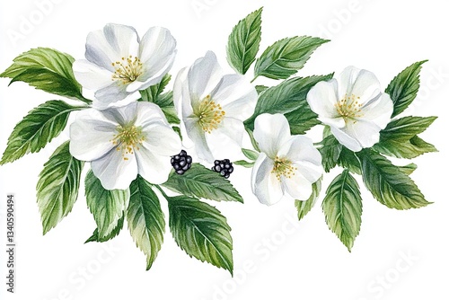 A delicate dance of petals and leaves, this watercolor painting captures the ethereal beauty of wild white flowers The soft hues and gentle brushstrokes create a dreamy and serene atmosphere