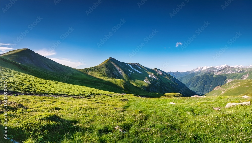 vibrant natural landscape with green grass mountains and clear blue sky perfect for outdoor themes vibrant natural landscape with green grass mountains and clear blue sky perfect for outdoor themes