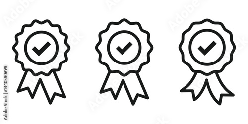 Approval , verified, quality, certified, qualified medal icon vector line set.