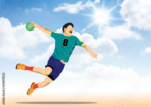 022-40-Professional handball player jumping and throwing a ball during a match under a sunny sky . Hand drawn illustration