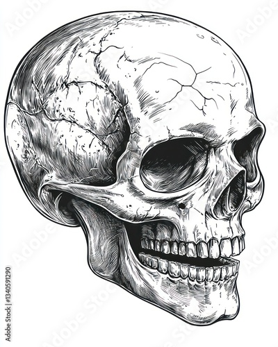 Intricate Hand-Drawn Skull Illustration: A Detailed Depiction of a Human Skull in Profile, showcasing the intricate structure of bones, teeth, and sockets in a detailed black and white drawing style.
