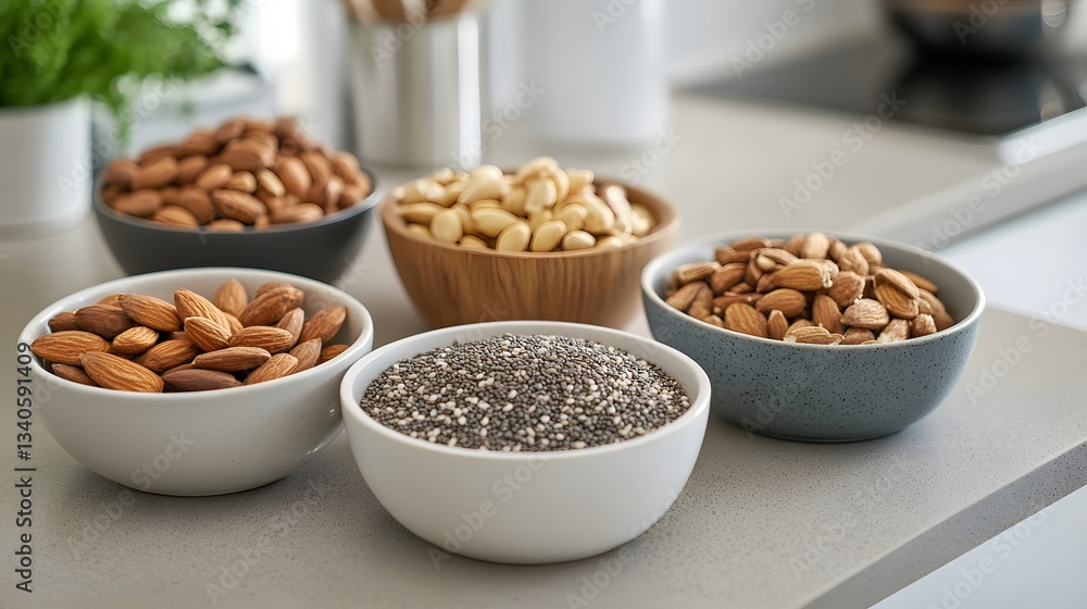 Various nuts and seeds arranged in bowls on countertop Various nuts and seeds arranged in bowls on countertop