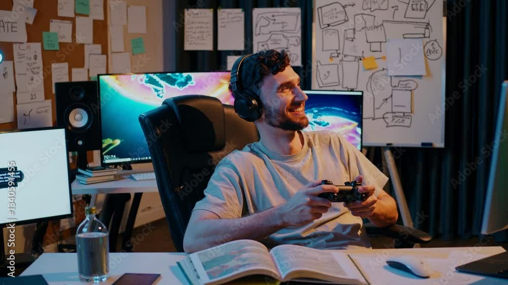 Relaxing Developer Game developer relaxing and playing a videogame in his studio using ...