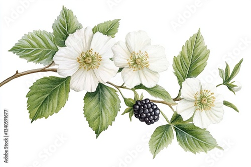 A delicate watercolor painting unfolds, showcasing the serene beauty of wild white flowers Their petals, painted with gentle strokes, exude an ethereal grace, enhanced by soft hues and subtle shading