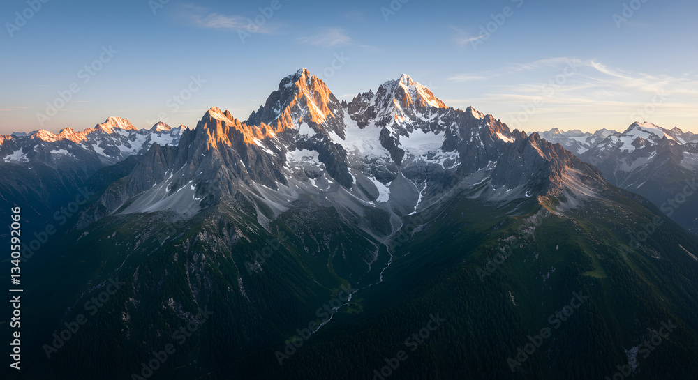 Obraz premium Majestic Mountain Peaks Bathed in Golden Light at Dawn or Sunset