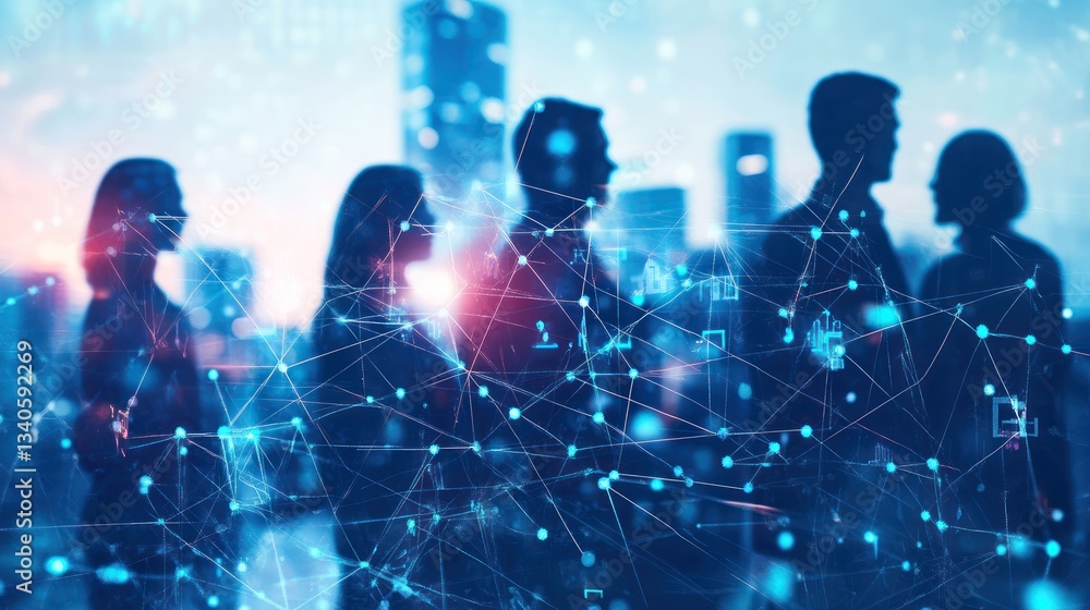 Global Network: Silhouetted Business People Connected by Digital Network in Cityscape