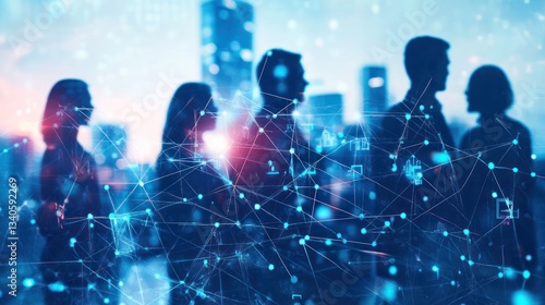 Obraz na płótnie Global Network: Silhouetted Business People Connected by Digital Network in Cityscape w salonie