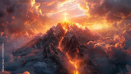 Glowing Silhouette crucifix on cross on mountain peak in heaven