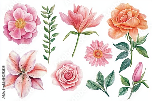 A soft watercolor clipart collection showcasing a delicate array of floral elements The palette is dominated by gentle pinks, peaches, and greens, creating a serene and romantic ambiance Each flower