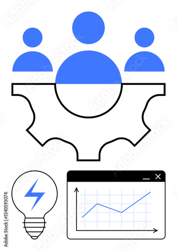 Group of individuals atop a gear symbolizing teamwork, alongside a light bulb for ideas and a graph for progress. Ideal for innovation, strategy, teamwork, technology, productivity, problem-solving