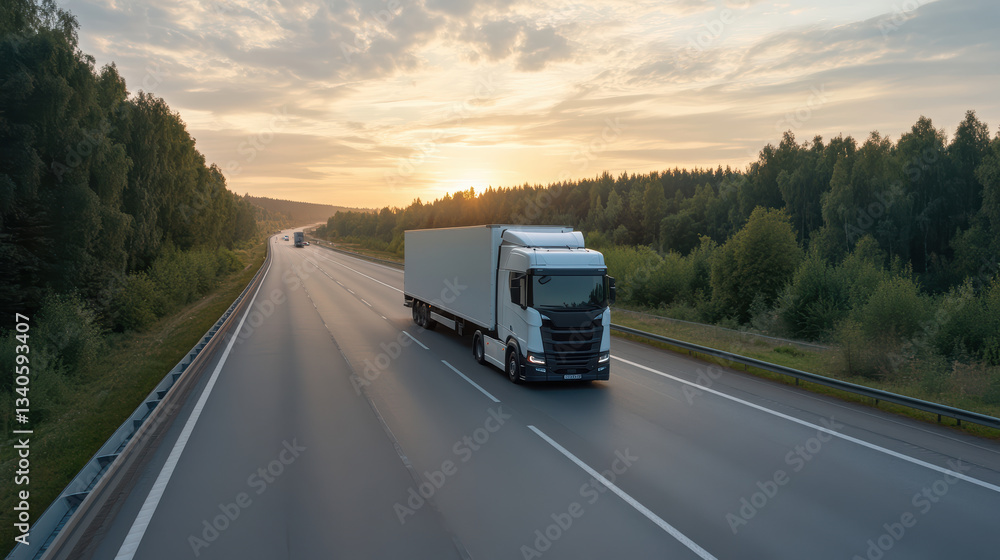 Futuristic autonomous truck driving on highway at sunset, showcasing innovation Futuristic autonomous truck driving on highway at sunset, showcasing innovation