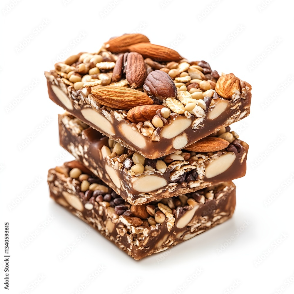 Stack of three homemade nut bars on a white background Stack of three homemade nut bars on a white background