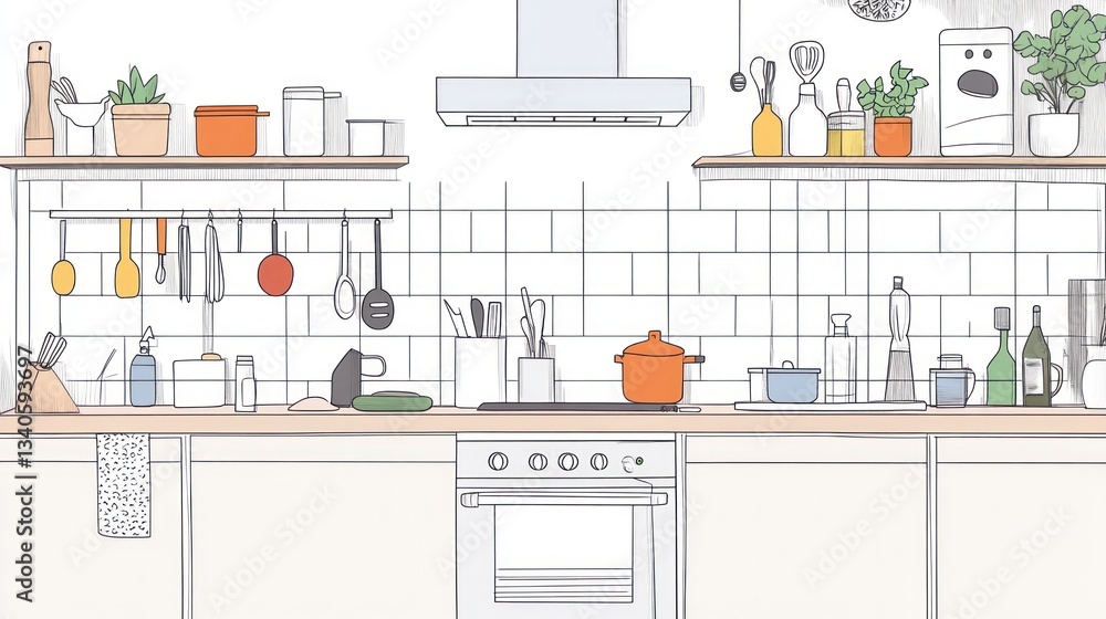 Modern kitchen design with colorful utensils and appliances. Clean, minimalist style Modern kitchen design with colorful utensils and appliances. Clean, minimalist style