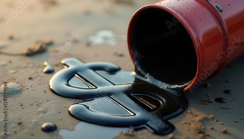 A spilled can of black liquid forms a dollar sign on the ground, symbolizing environmental issues and economy. recession economy oil concept.