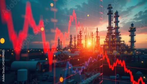 A vibrant sunset behind an industrial skyline with fluctuating market graphs illustrating economic trends. recession economy oil concept.