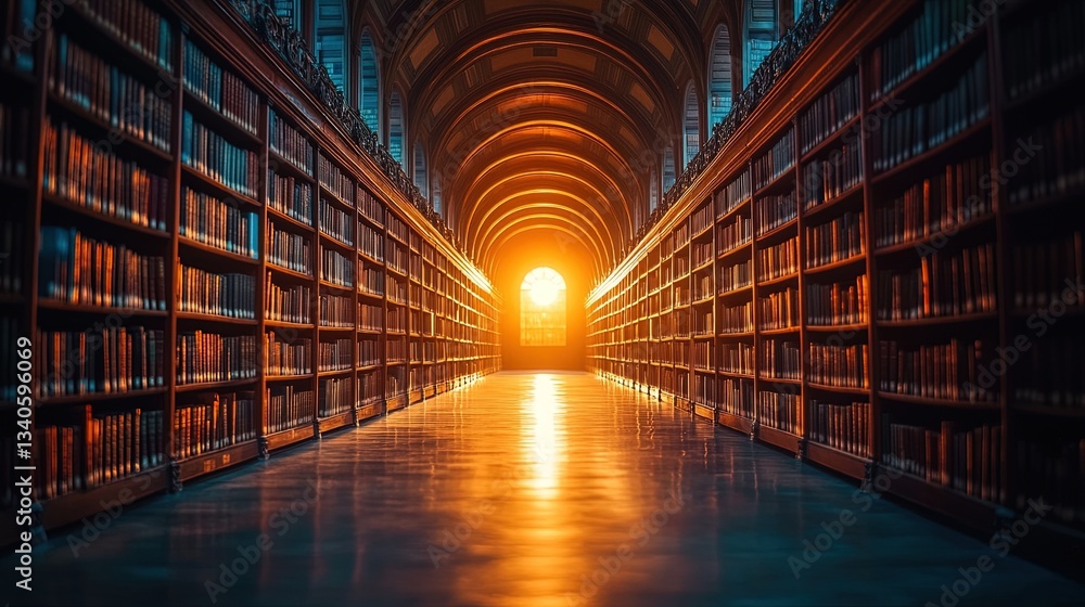 Fototapeta premium An inspiring sunrise over a university library, symbolizing knowledge and new beginnings 